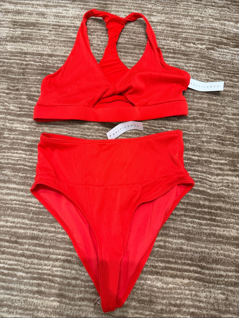 Baltic Born Red Ribbed Crossover Bralette Bikini with High-Waist Bottoms